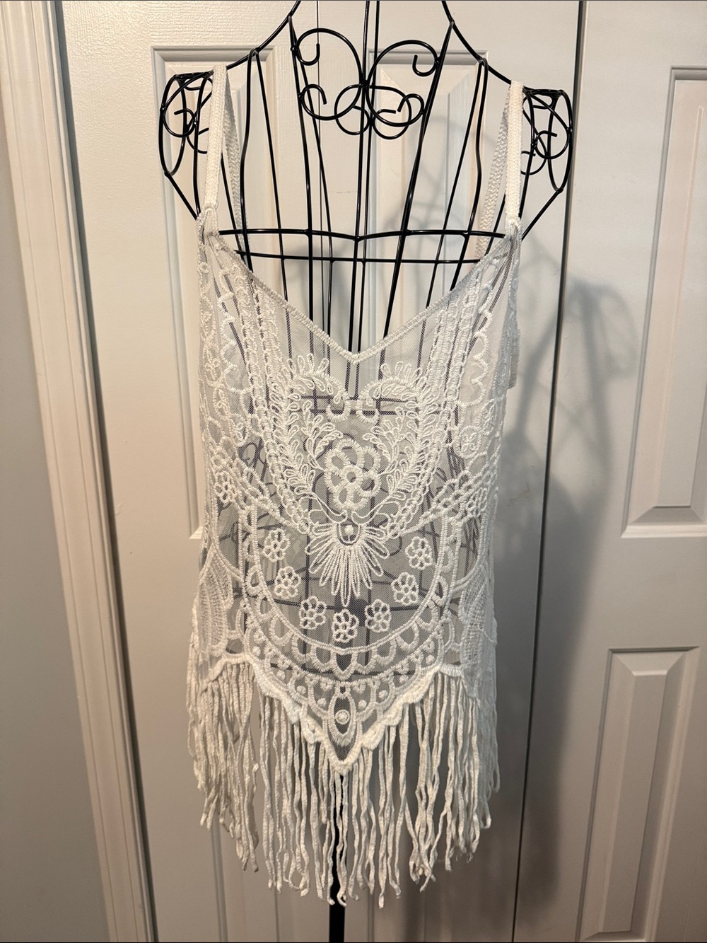 White Crochet Fringe Tank Top - Boho Women's Swim Cover